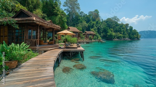 Tropical island retreat with wooden dock leading to a beachfront villa on a s...
