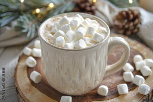Wallpaper Mural Creamy hot chocolate topped with marshmallows sits on a wooden coaster, surrounded by festive christmas lights and pine cones, evoking warmth and holiday spirit Torontodigital.ca