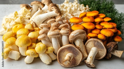 Colorful assortment of fresh mushrooms displayed on a kitchen counter with herbs