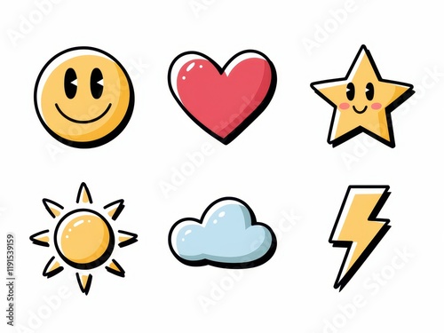Collection of happy cartoon icons including sun heart and star
