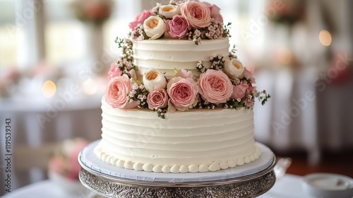 Elegant three-tier wedding cake decorated with fresh roses and blooms at a beautiful reception venue