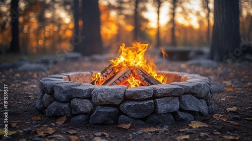 Cozy campfire in autumn woods with sunset and tent in background