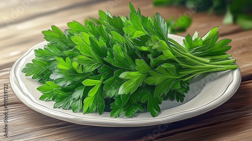 Fresh parsley displayed on a rustic plate against a dark textured background ...