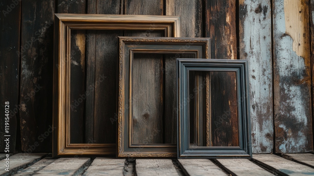 Three Antique Picture Frames Against Wooden Background Three Antique Picture Frames Against Wooden Background
