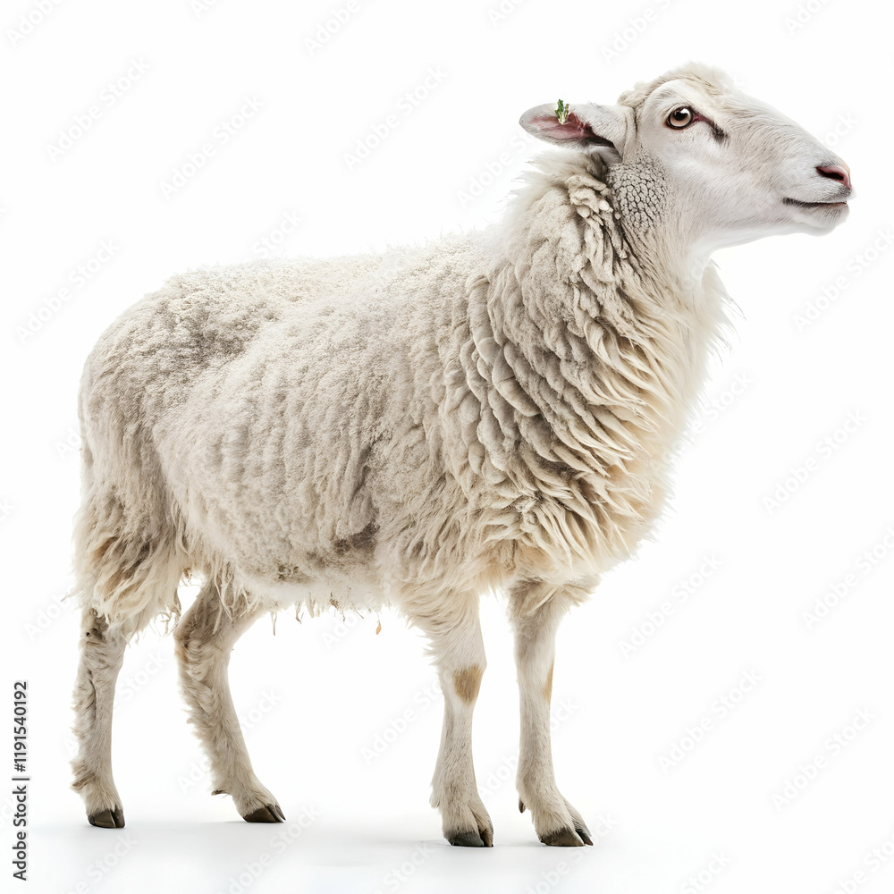 Fototapeta premium Adorable Fluffy Sheep Standing Isolated White Background Farm Animal Photography pet wool cute lamb 