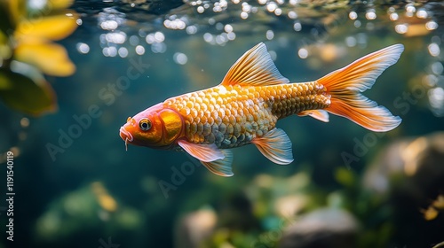 Golden fish swimming gracefully in a tranquil pond surrounded by autumn foliage