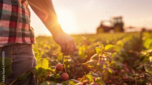 A close-up view of a farmer inspecting ripe crops in a sunlit field, with agricultural machinery in the background, Farm scene