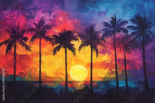 Vibrant sunset over ocean with palm trees creating a tropical paradise atmosp...