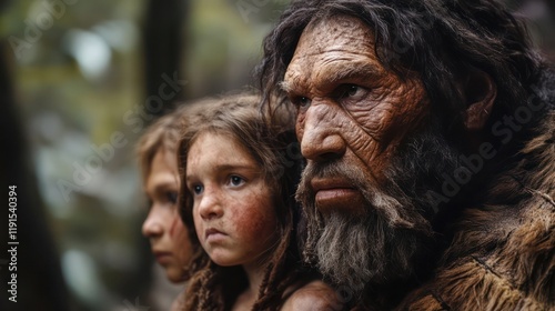 A Neanderthal man with two children, set in a prehistoric forest environment.