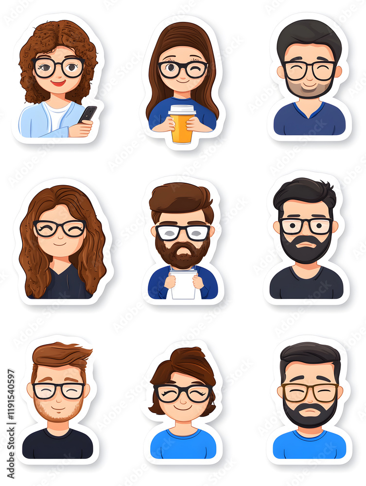 Collection of diverse cartoon characters with glasses. Smiling faces, various hairstyles, and expressions. Collection of diverse cartoon characters with glasses. Smiling faces, various hairstyles, and expressions.