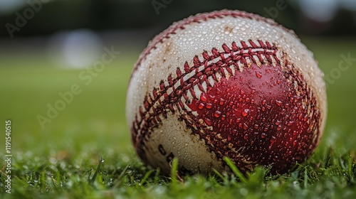 Dewy baseball resting on fresh grass after a rain shower during an afternoon ...