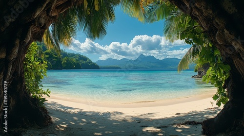 Ocean view through open windows with palm trees on a sunny day at the beach