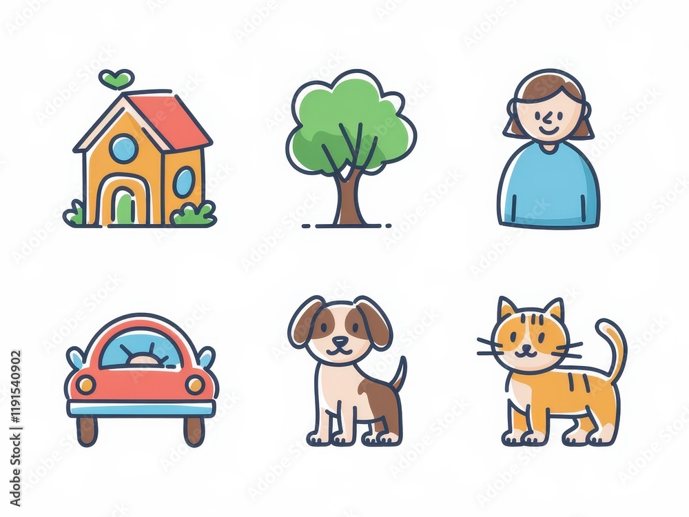 Adorable Cartoon Icons Depict Home Pets Tree and Car Adorable Cartoon Icons Depict Home Pets Tree and Car