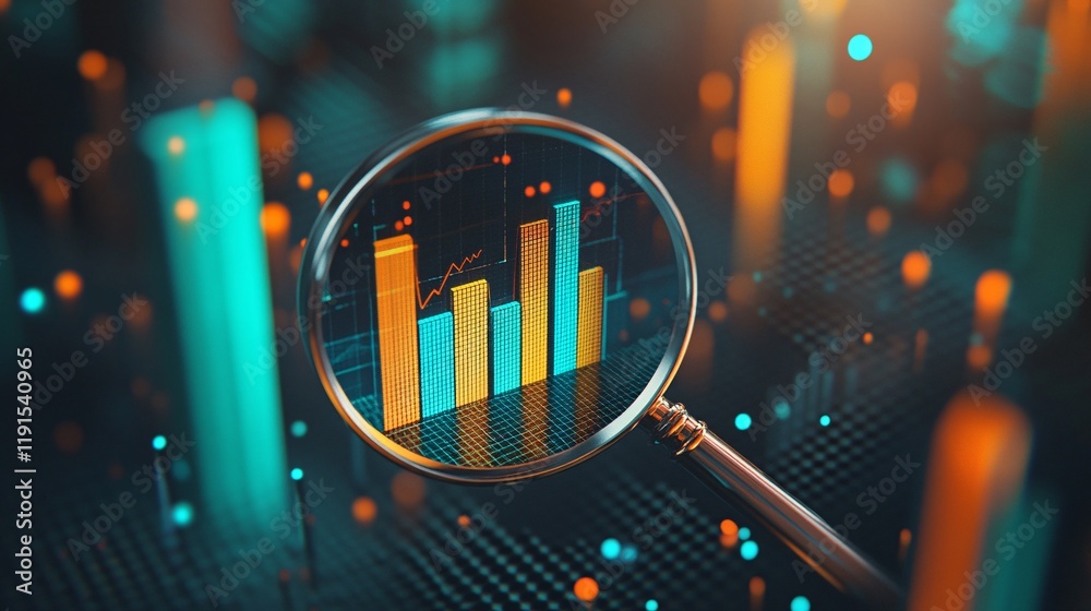 Fototapeta premium Magnifying Glass Highlighting Graphs and Digital Data on a High-Tech Circuit Board, Representing Analysis, Technology, and Innovation in a Futuristic and Data-Driven Environment