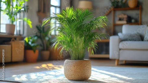 Bright indoor living space with a lush potted plant creating a peaceful aesth...