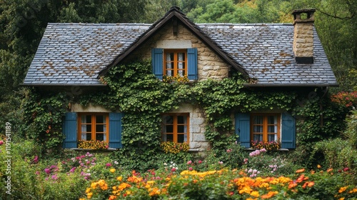 Charming cottage surrounded by vibrant flowers in a serene garden setting on ...