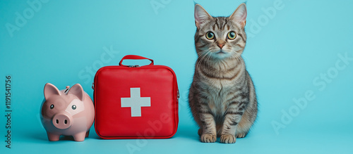 Cat with a piggy bank and first aid kit on blue backdrop. Concept of financial responsibility in pet health