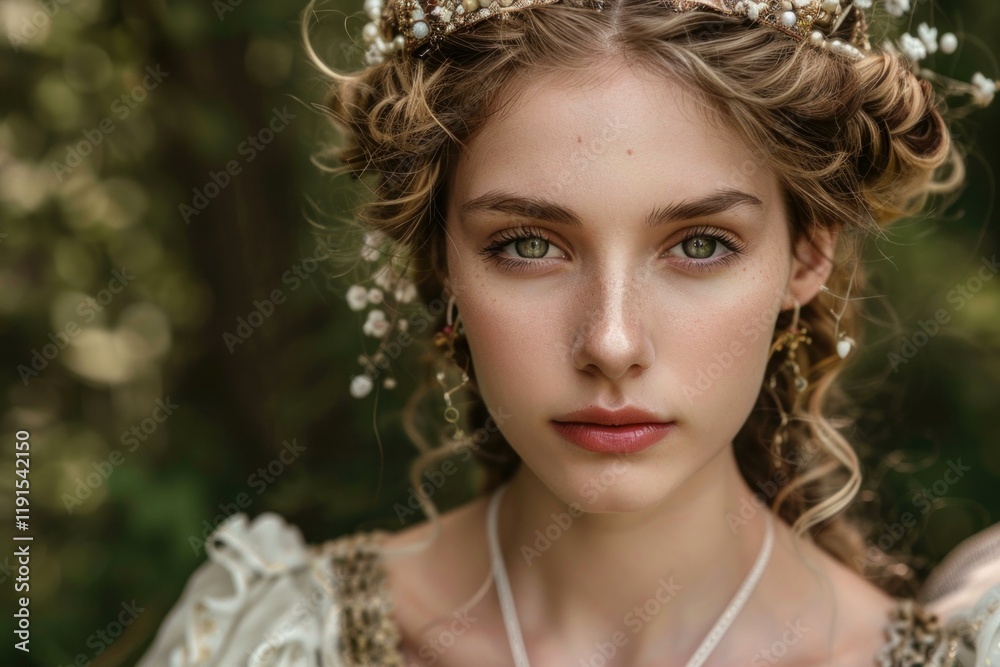 Fototapeta premium Blonde princess wearing tiara and medieval dress posing in a forest