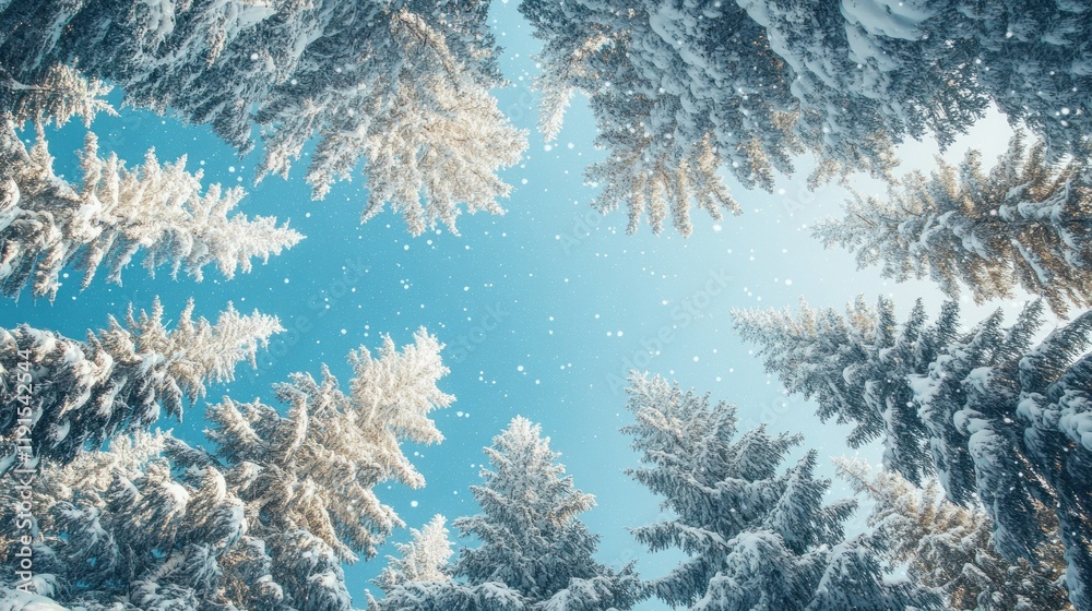 Snow covered pine trees under a bright winter sky