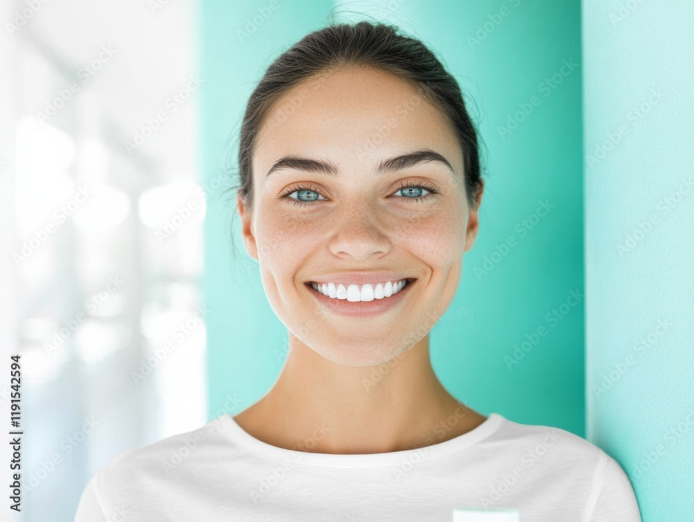 Radiant Smile and Dental Care Young Woman with Toothbrush Against Turquoise Backdrop Radiant Smile and Dental Care Young Woman with Toothbrush Against Turquoise Backdrop
