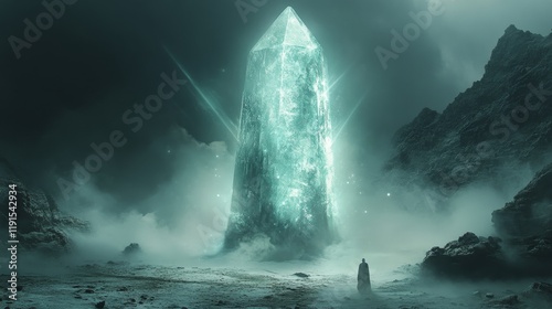 Majestic glowing crystal tower rises amidst clouds during sunset
