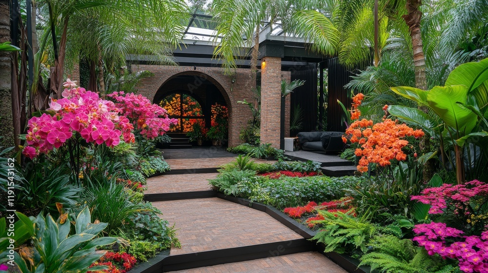 Fototapeta premium Vibrant garden pathway adorned with lush flowers and tropical plants during daylight