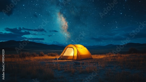 Starlit campsite under the expansive night sky in a tranquil desert setting