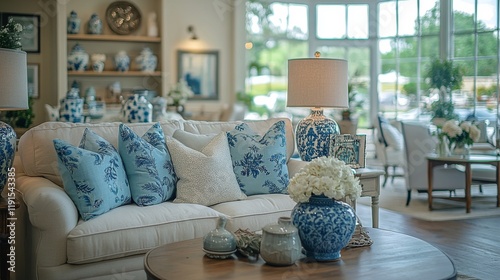Comfortable living room with cream sofa and decorative blue cushions in a coz...