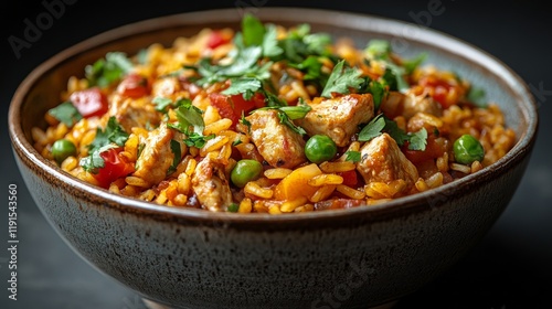 Flavorful bowls of shrimp, rice, and savory meat dishes presented on a neutra...