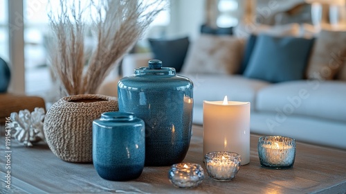 Cozy autumn decoration with candles and flowers in a warm living room setting