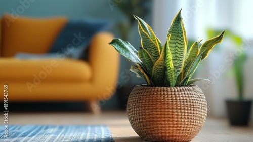 Stylish indoor plant arrangement in a modern living room with a cozy sofa and...