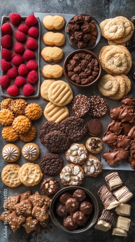 Assorted homemade cookies arranged on a table with various textures and flavo...
