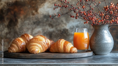 Breakfast tray featuring croissants, juice, and a flower arrangement with bri...