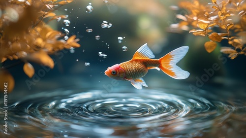 Golden fish swimming gracefully in a tranquil pond surrounded by autumn foliage