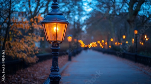 Soft glow of vintage street lamps illuminating a foggy evening path at dusk