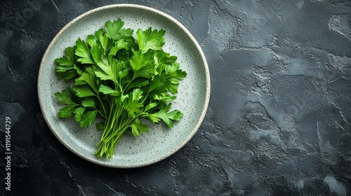 Fresh parsley displayed on a rustic plate against a dark textured background ...