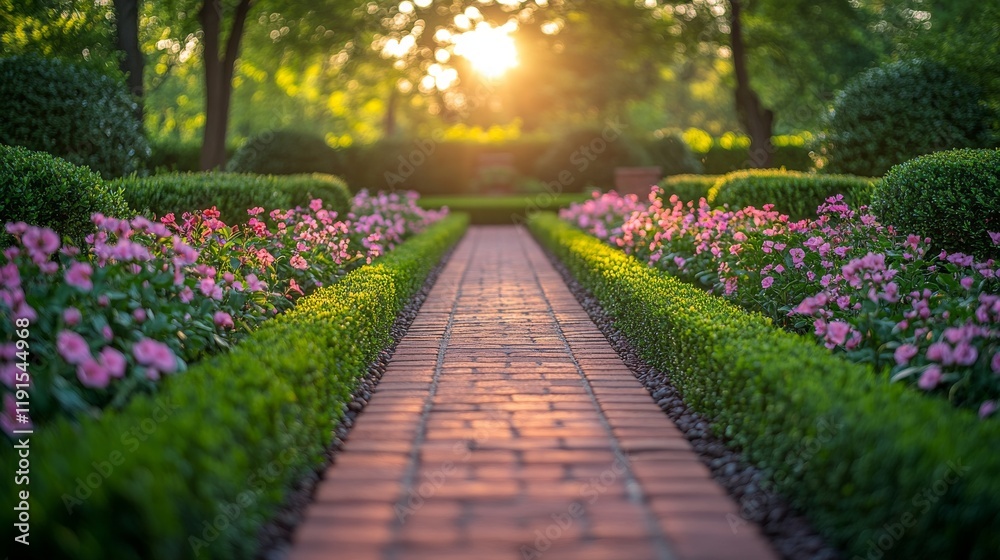 Obraz premium Walkway lined with flowers at sunset in a serene garden setting