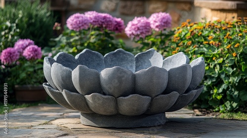 Decorative stone lotus fountain surrounded by vibrant flowers in a serene gar...