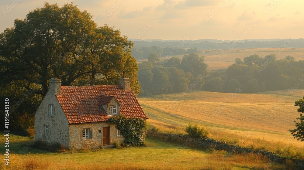 Fototapeta premium Cozy red brick cottage surrounded by golden fields under a cloudy sky