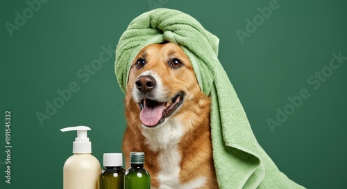 Dog with a towel on its head, surrounded by grooming products photo