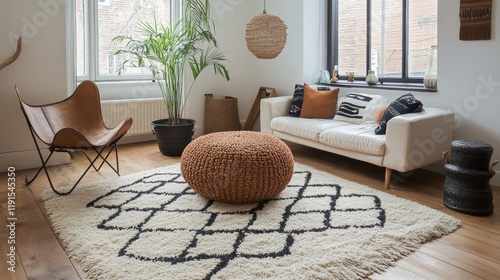 Modern living room featuring a round wooden coffee table and comfortable sofa...