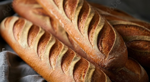Freshly baked baguettes with a golden crust and intricate scoring
