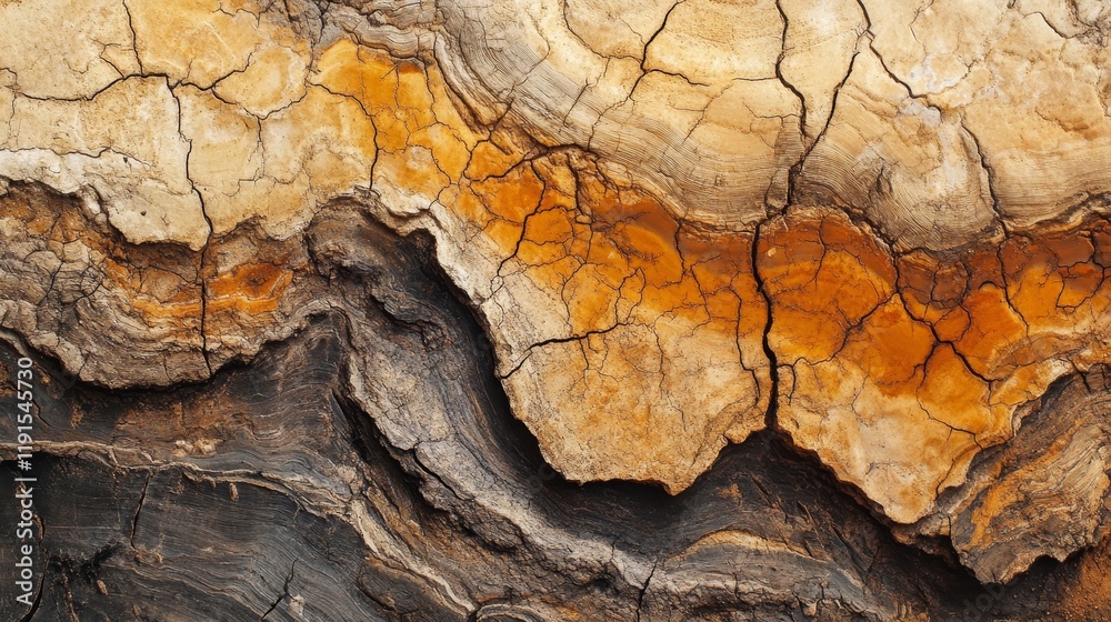 Fototapeta premium Close-up of drought cracked earth after fire with warm abstract patterns