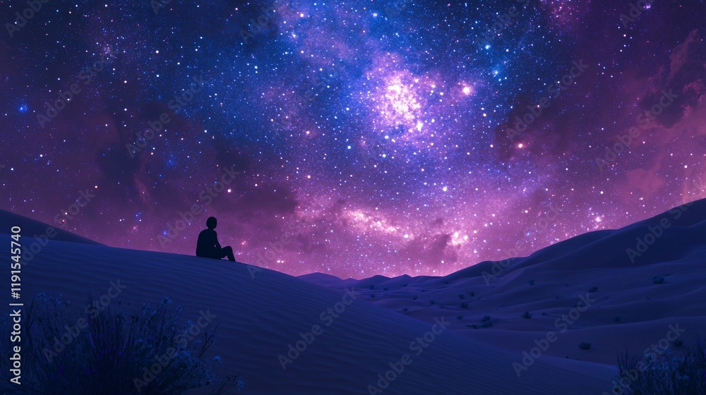 Stunning Milky Way Galaxy Arching Over a Serene Desert Landscape at Dusk, Featuring Sand Dunes, Footprints, and a Person Sitting in Awe of the Majestic Night Sky and Stars Stunning Milky Way Galaxy Arching Over a Serene Desert Landscape at Dusk, Featuring Sand Dunes, Footprints, and a Person Sitting in Awe of the Majestic Night Sky and Stars