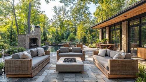 Stylish outdoor seating area with modern furniture by a serene pool surrounde...