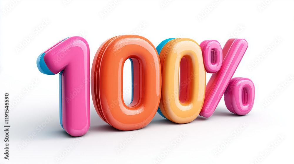 Colorful 100 percent text representation showcasing complete success or achievement in a cheerful design Colorful 100 percent text representation showcasing complete success or achievement in a cheerful design