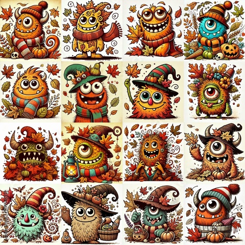Wallpaper Mural Funny cartoon monsters. Fall season. AI generated illustration Torontodigital.ca