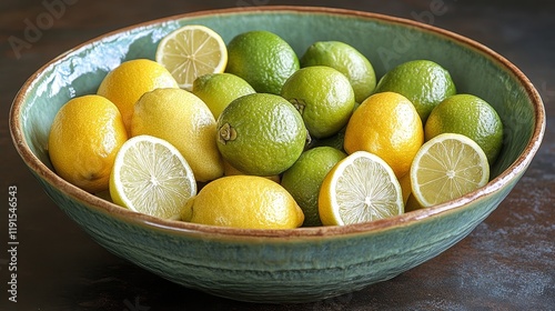 Fresh lemons and limes arranged attractively in a decorative bowl on a rustic...