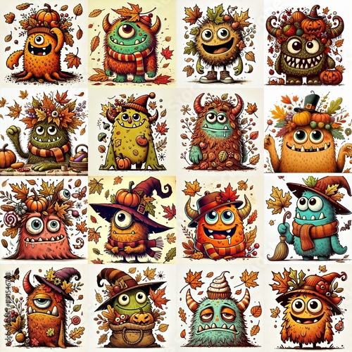 Wallpaper Mural Funny cartoon monsters. Fall season. AI generated illustration Torontodigital.ca