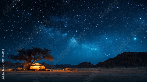 Starlit campsite under the expansive night sky in a tranquil desert setting